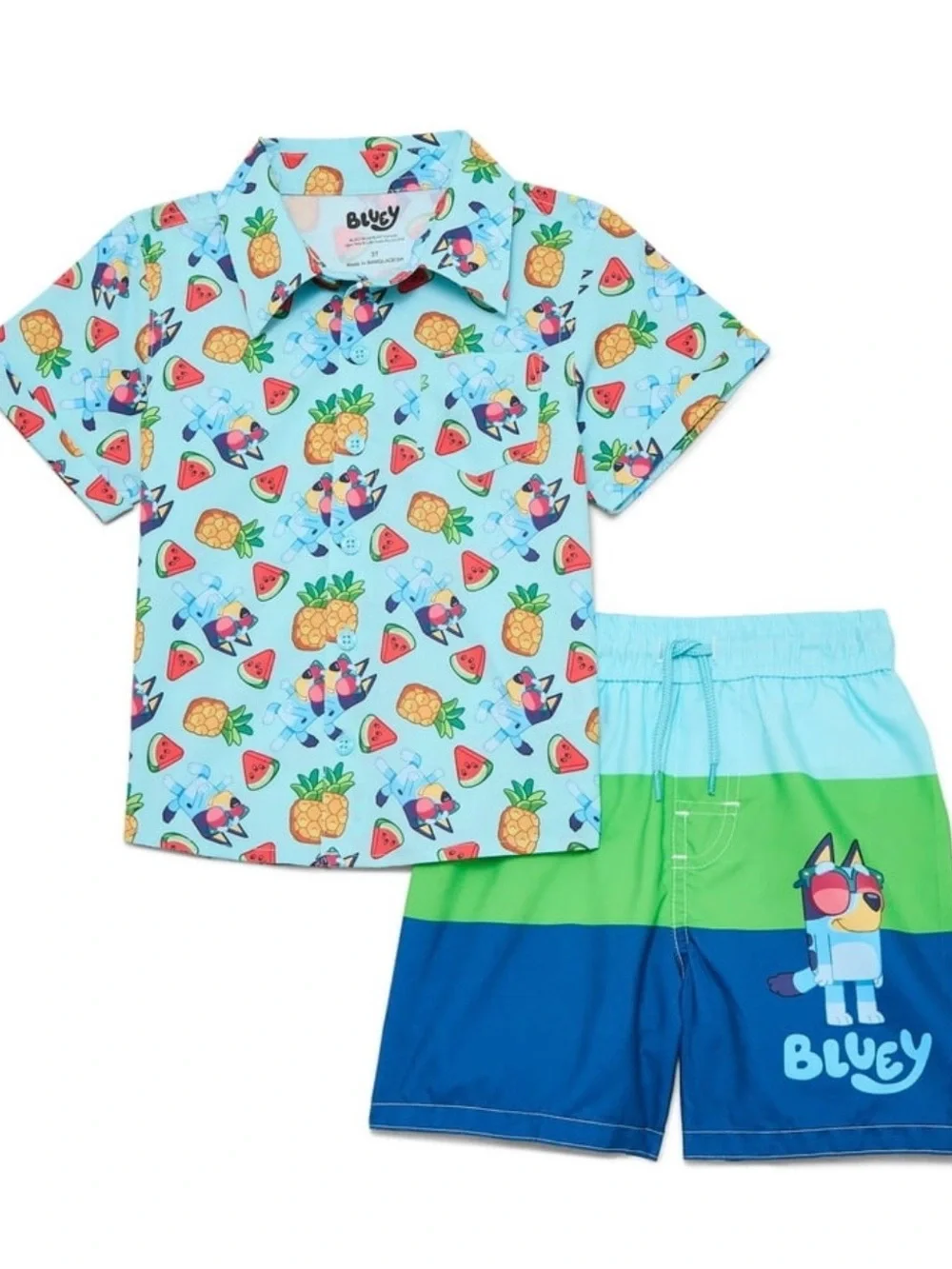NWT boys Bluey swimming trunks with matching resort button up size 3t